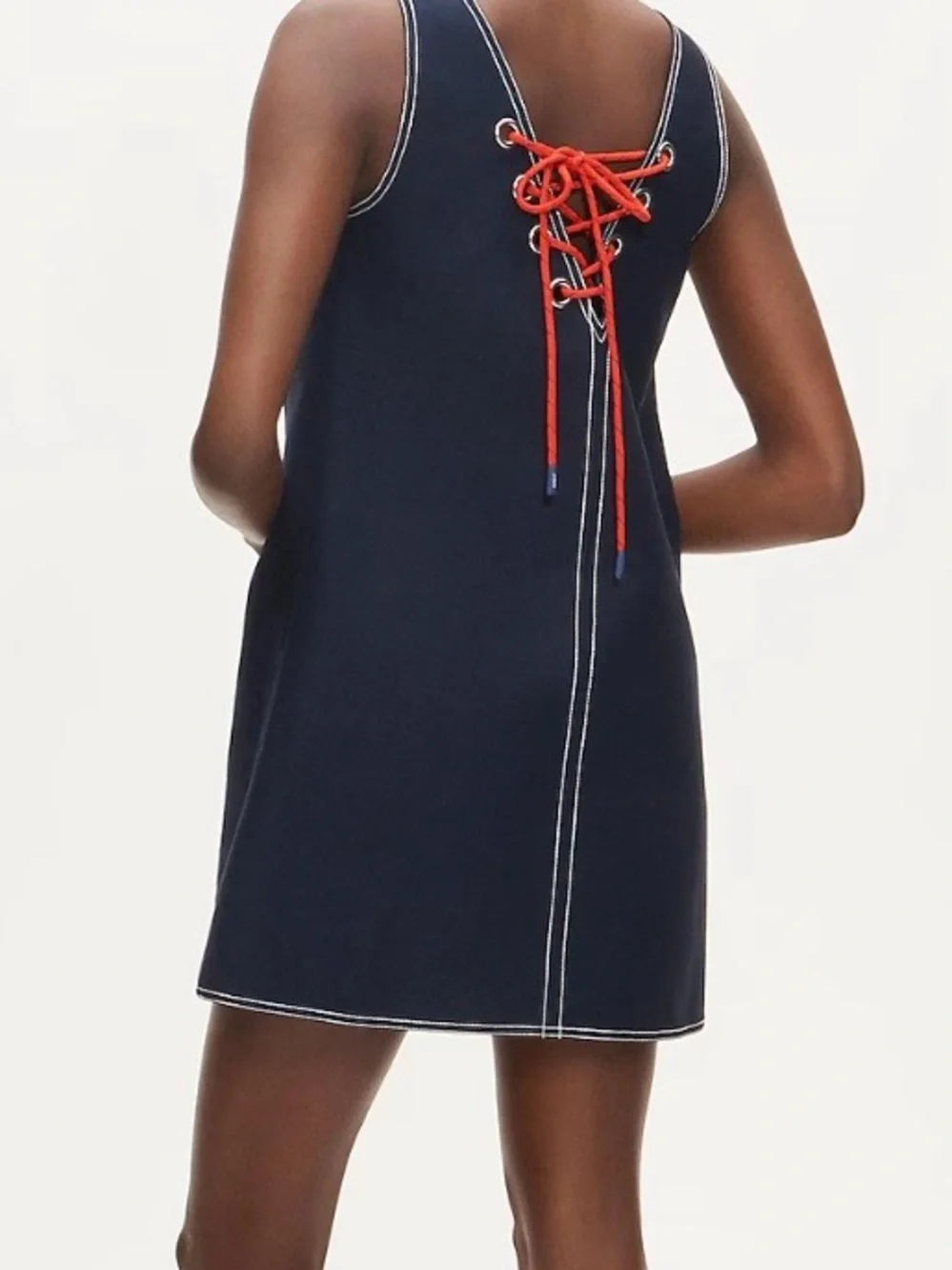J. Crew Navy Sleeveless Shift Dress with Red Lace-Up Back